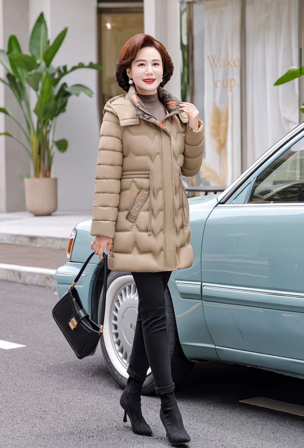 Chevron-quilted puffer jacket.