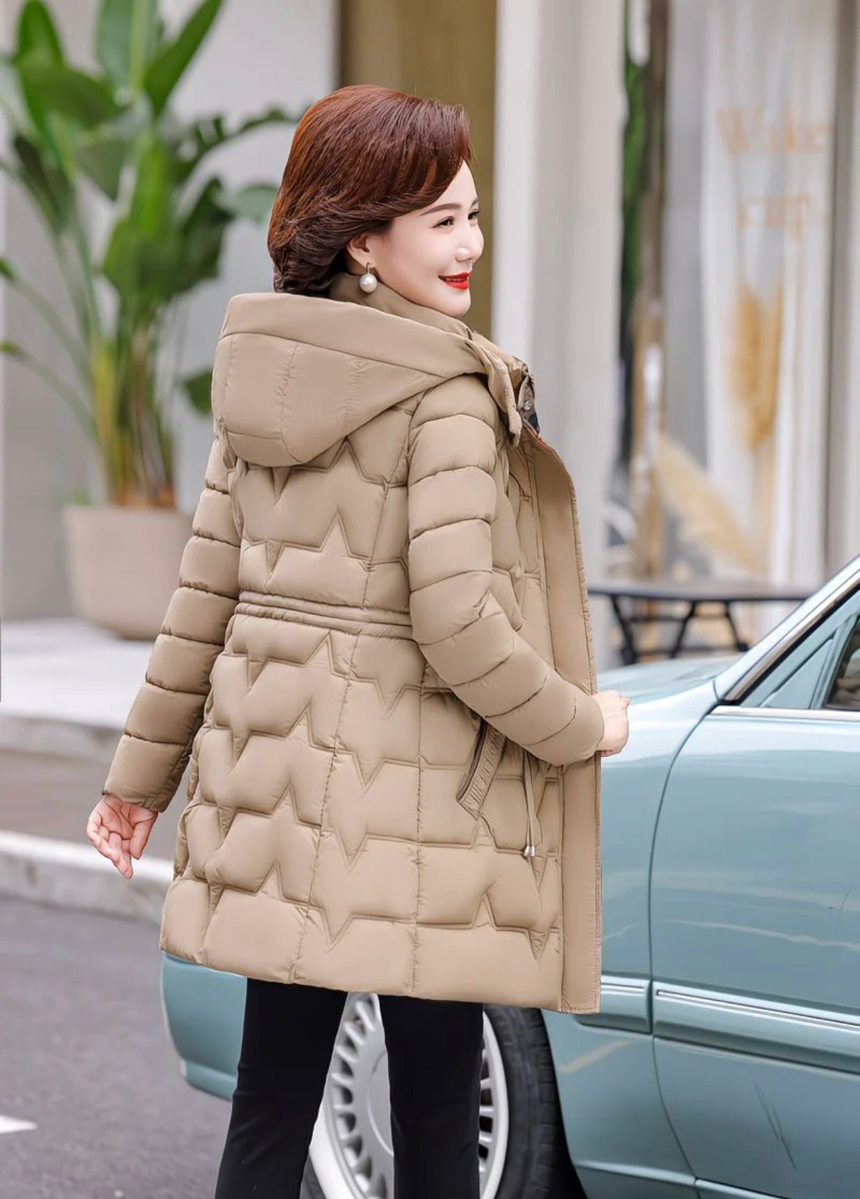 Chevron-quilted puffer jacket.