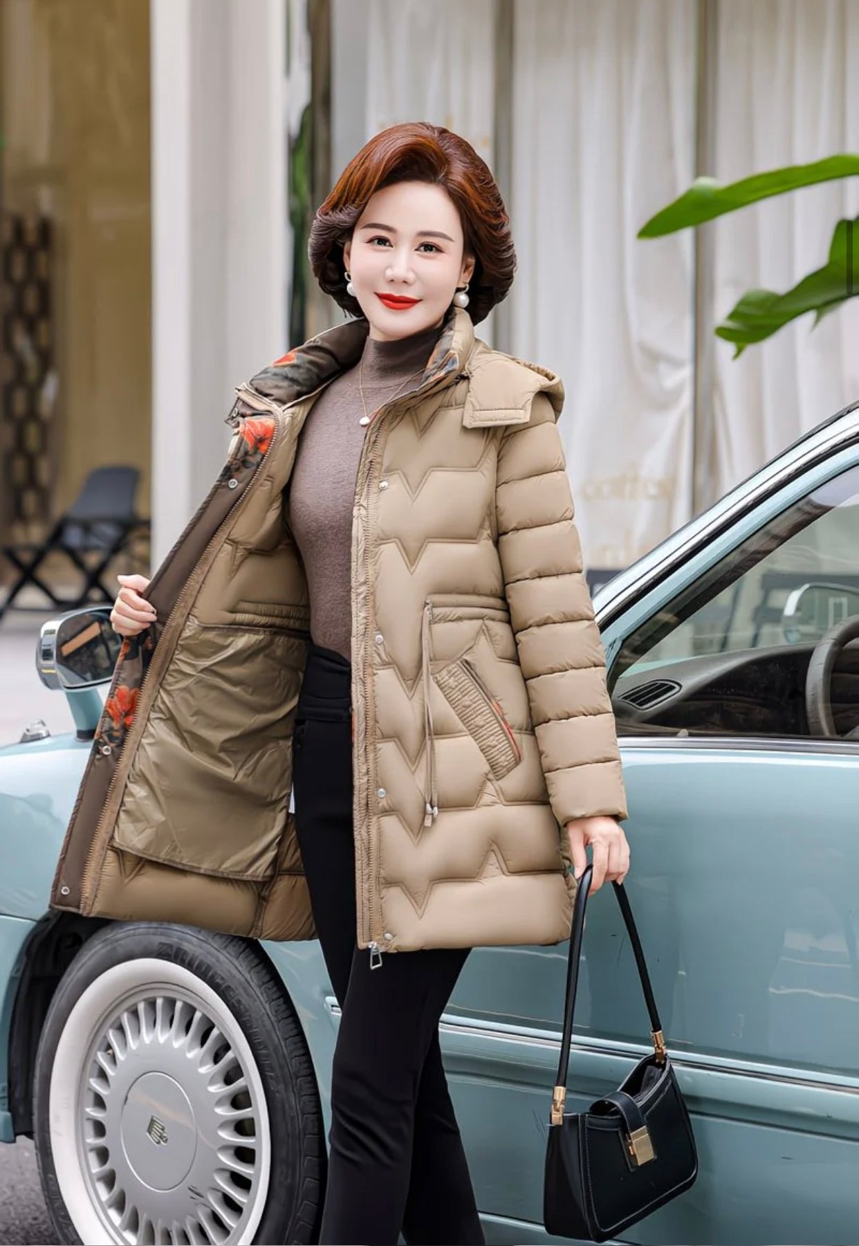 Chevron-quilted puffer jacket.